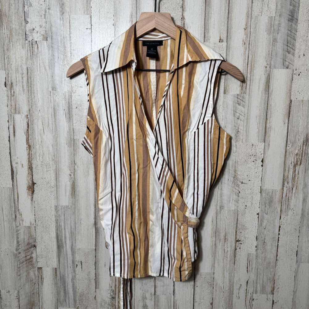 The Limited Stripe Wrap Tie Collared Blouse Sleeveless Womens Medium
